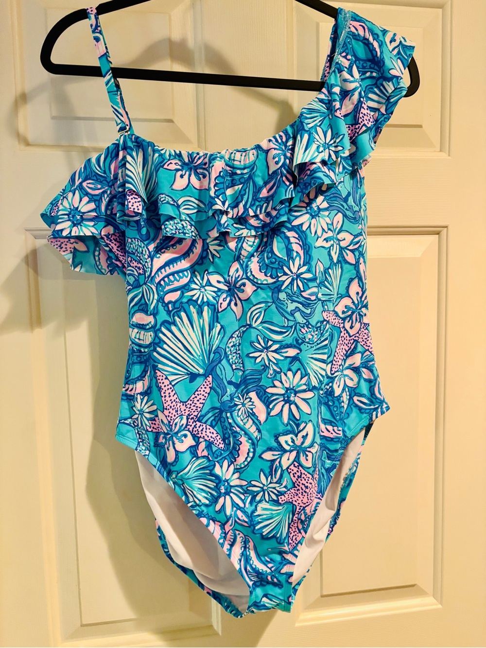 Lilly Pulitzer Amalfi Blue Sound The Sirens  One-Shoulder Ruffle Swimsuit